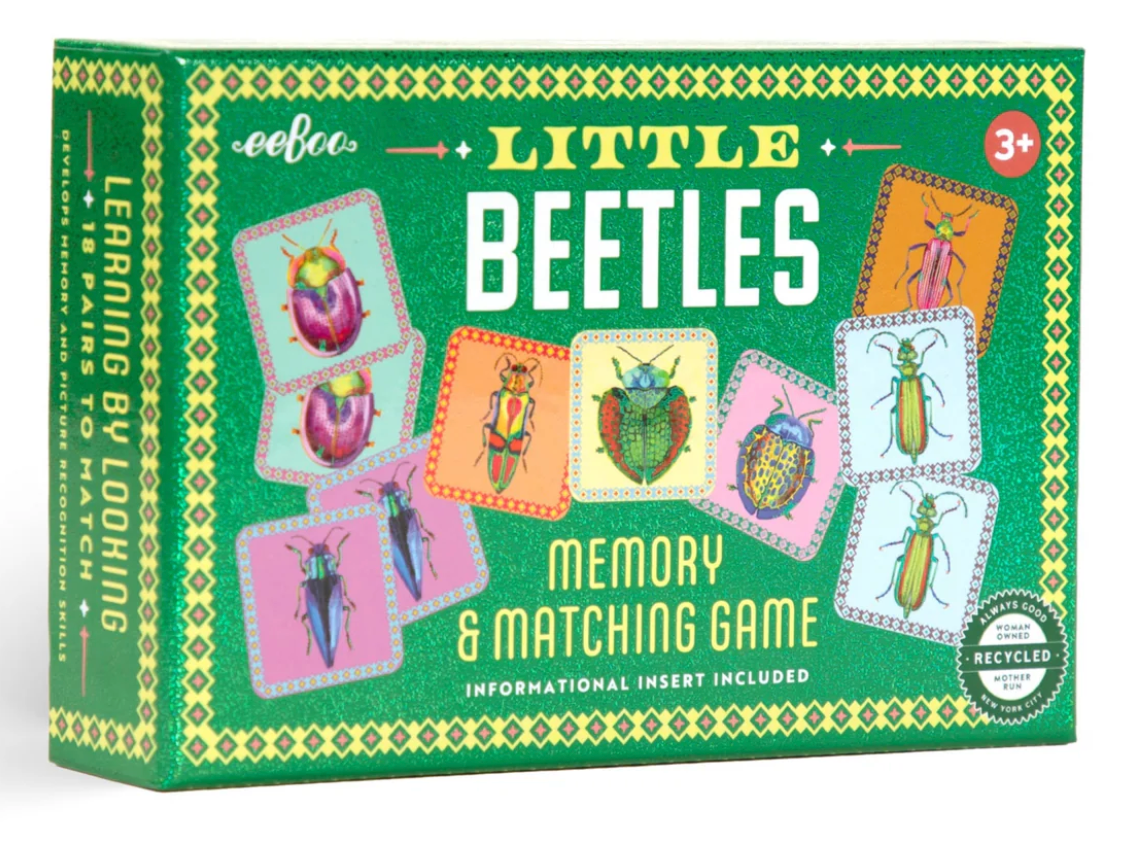 Beetles Little Memory & Matching Game box featuring colorful beetle cards with holographic foil illustrations.