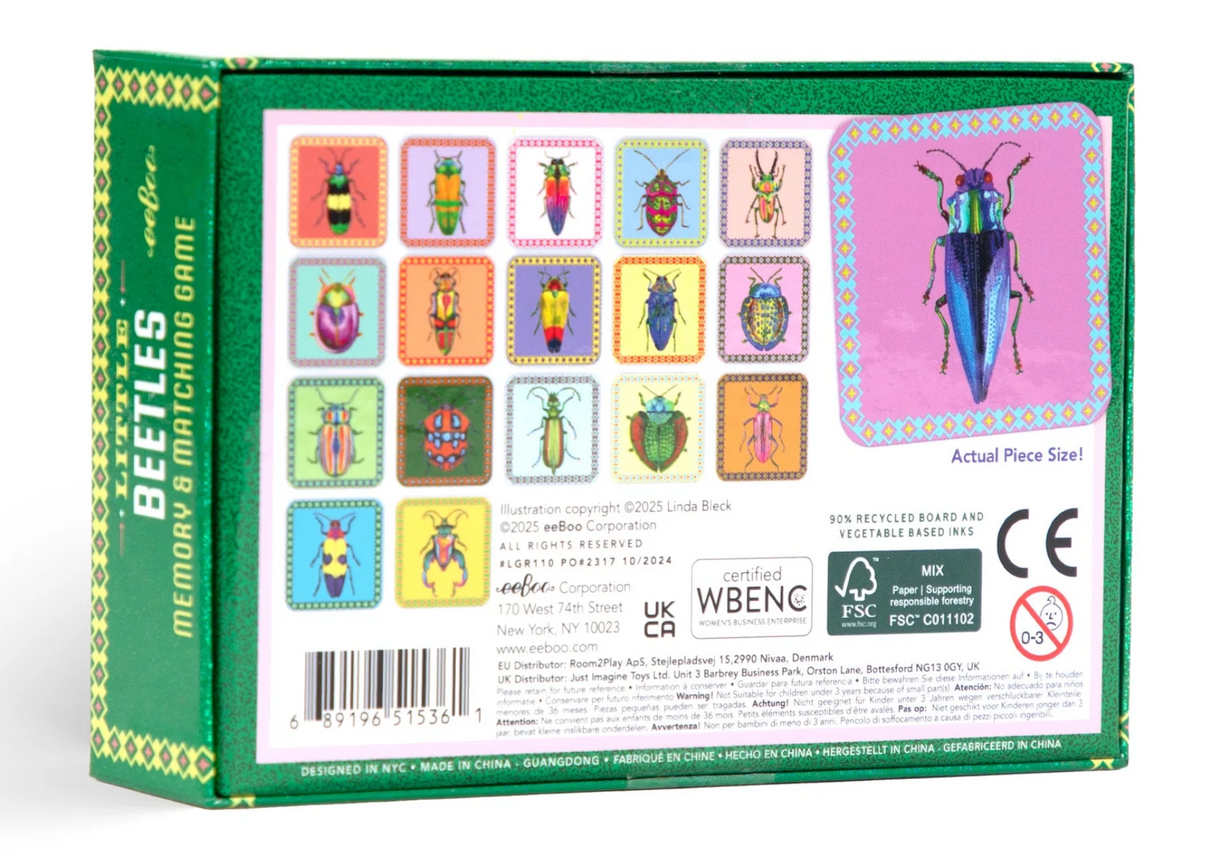 Beetles Little Memory & Matching Game box showing colorful beetle tiles and size, made with recycled board and holographic foil.