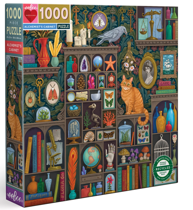 1000pc Alchemist's Cabinet Puzzle featuring detailed curio cabinets with oddities, cats, and vintage scientific items.