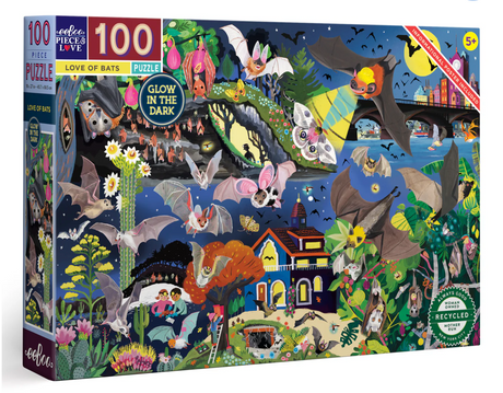 100pc Love of Bats Glow in the Dark Puzzle featuring illustrated bats in a vibrant nightscape, suitable for ages 5 and up.