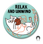 Relax and Unwind Cat Magnet featuring playful white cat with yarn on light blue background, 2.25 inch round design by Gemma Correll.
