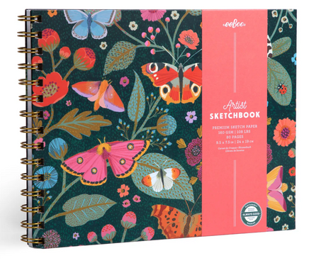 Artist Sketchbook | Victoria with floral and butterfly design, 80 pages of 160 GSM sketch paper, hardcover with removable band.