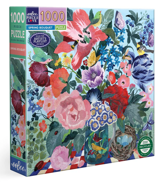 1000pc Spring Bouquet Puzzle featuring vibrant flowers, birds, and butterflies in a colorful floral design.