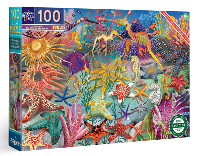 100pc Seahorses, Sea Stars & Seaslugs Puzzle featuring colorful marine life with seahorses, sea stars, and seaslugs illustration.