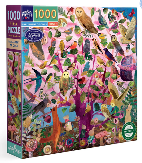 1000pc Parliment of Owls Puzzle featuring colorful owls and songbirds in a vibrant woodland scene by Claire Westwood