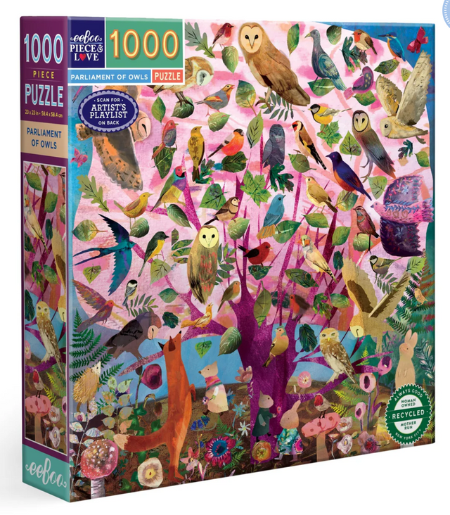 1000pc Parliment of Owls Puzzle featuring colorful owls and songbirds in a vibrant woodland scene by Claire Westwood