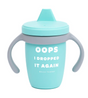 Happy Sippy Cup | Oops I Dropped it Again in blue silicone with gray handles for toddlers learning to drink independently.