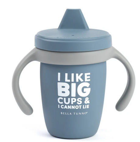 Happy Sippy Cup | I Like Big Cups blue silicone sippy cup with handles and spill-proof lid for toddlers.