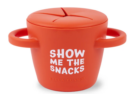 Happy Snacker | Show Me the Snacks orange silicone snack cup with handles and snap tight lid for toddlers.
