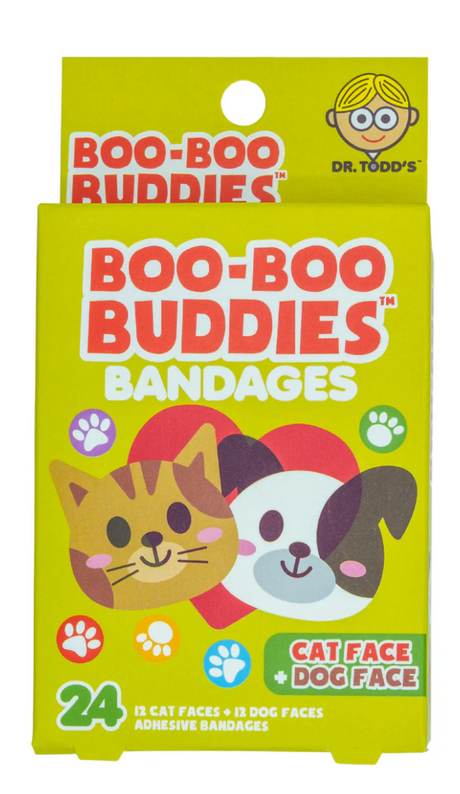 Cat & Dog Face Bandages packaging with playful cat and dog designs, 24 sterile adhesive bandages for kids.