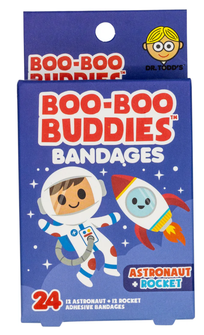 Astronaut & Rocket Bandages box showing fun space-themed designs with astronaut and rocket ship characters for kids.