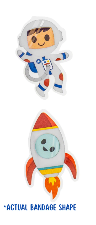 Astronaut & Rocket Bandages featuring cute space designs, latex-free and flexible for kids sensitive skin and active play.