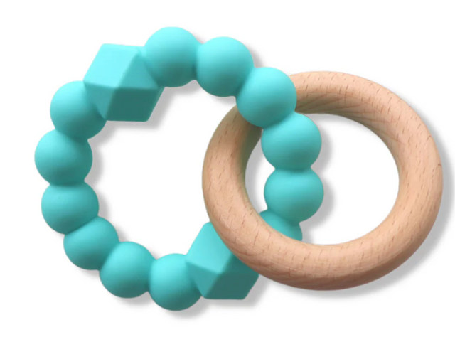 Moon Teether | Mint with textured mint silicone ring and smooth natural beech wood teething ring for soothing babies.