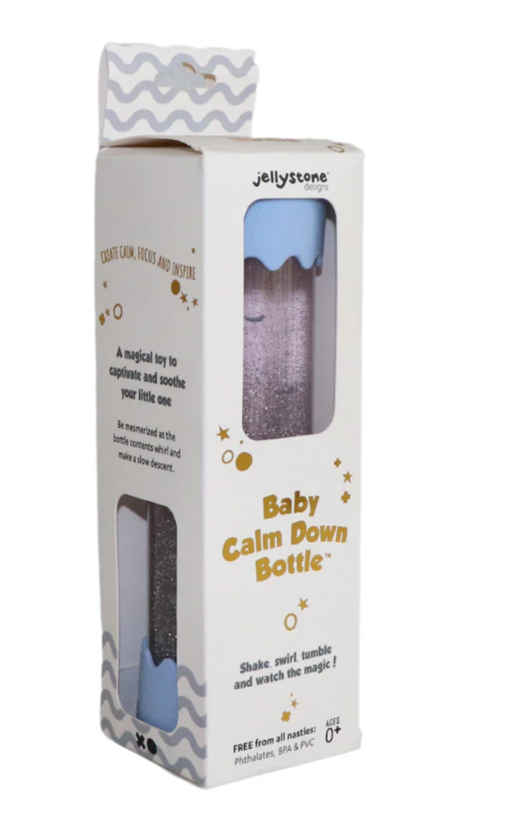 Calm Down Bottle | Soft Blue in white box with sparkles, a soothing sensory toy for babies aged 0+ in a mini size.