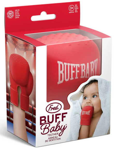 Boxing Glove Teething Mitt made of BPA-free silicone, designed for babies 3+ months to soothe sore gums.