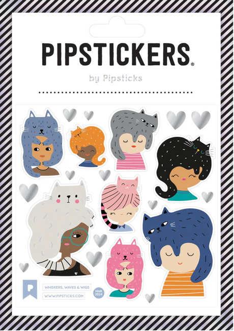 Whiskers Waves and Wigs Stickers sheet with colorful faces wearing cat-shaped wigs and silver foil heart accents.