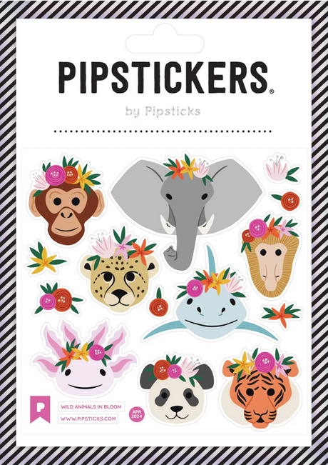 Wild Animals in Bloom Stickers featuring cute wild animals with colorful flower crowns on a clear backing sheet.