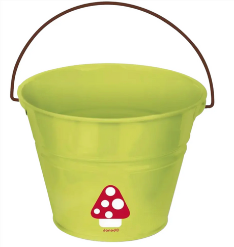 Nature Mushroom Metal Bucket in green with a red and white mushroom design, perfect for garden play and outdoor use.