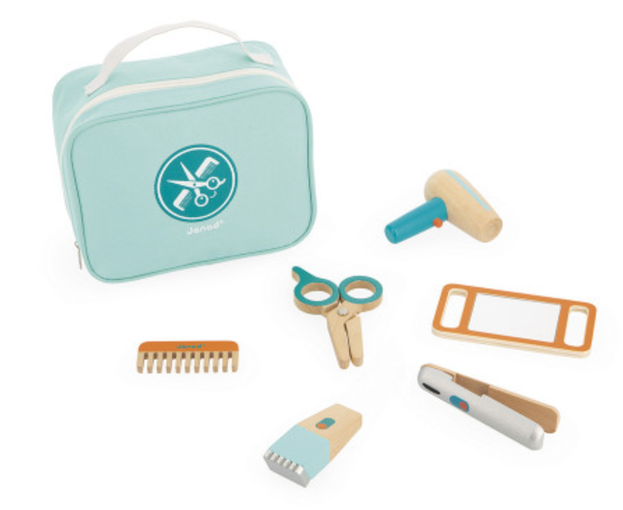Hairdresser Set with toy hairdryer, comb, scissors, mirror, straightener, and carrying case for imaginative play.
