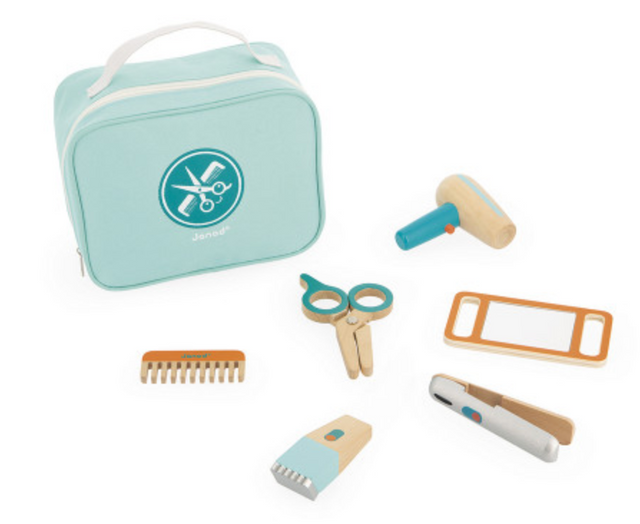 Hairdresser Set with toy hairdryer, comb, scissors, mirror, straightener, and carrying case for imaginative play.