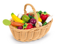 Wooden Fruit & Vegetables Basket with 24 colorful wooden fruits and vegetables in a wicker-style play basket for kids.