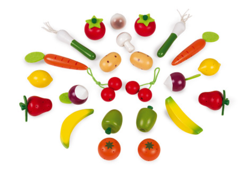 Wooden Fruit & Vegetables Basket with 24 colorful wooden fruits and vegetables for imaginative play.