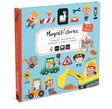 MagnetiStories | Building Site magnetic game with construction vehicles, workers, and 30 magnetic pieces on illustrated backdrop.
