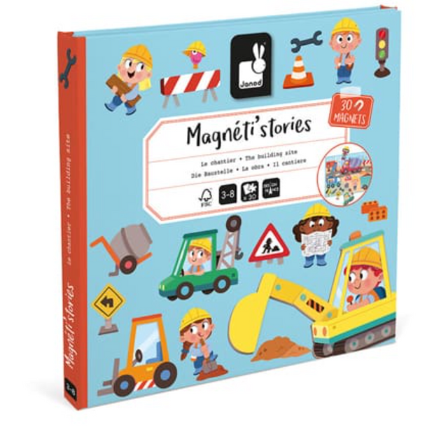 MagnetiStories | Building Site magnetic game with construction vehicles, workers, and 30 magnetic pieces on illustrated backdrop.