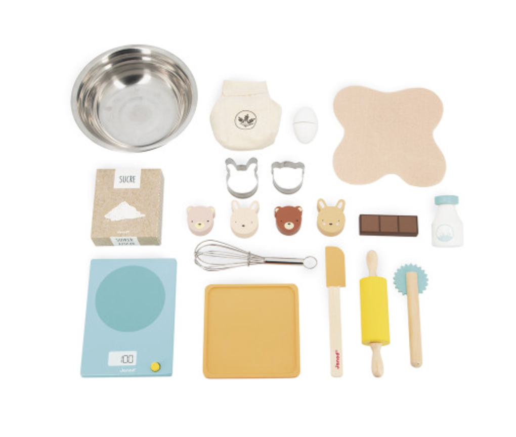 My Pastry Workshop baking set with 19 accessories including cutters, whisk, rolling pin, and ingredients for kids aged 3 and over.