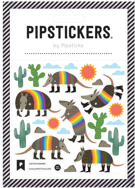 Cactus Kickers Stickers showing colorful armadillos with rainbow stripes, cacti, suns, and clouds on clear backing sheet.