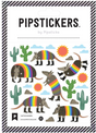 Cactus Kickers Stickers showing colorful armadillos with rainbow stripes, cacti, suns, and clouds on clear backing sheet.