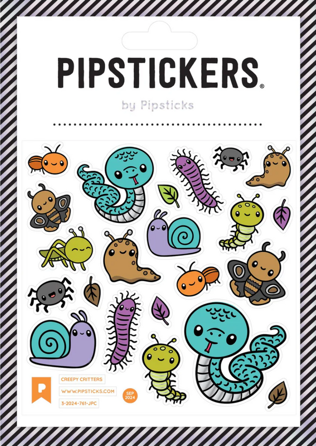 Creepy Critters Stickers featuring colorful creepy crawlies on clear backing with silver foil accents by PipStickers.