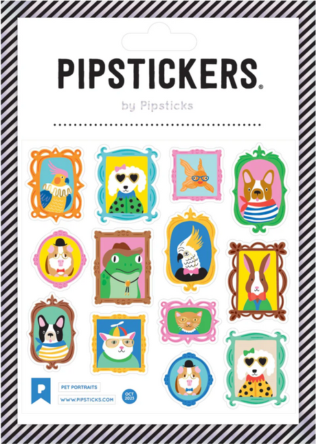 Pet Portraits Stickers sheet featuring colorful animal portraits in decorative frames by PipStickers with holographic gold foil accents.