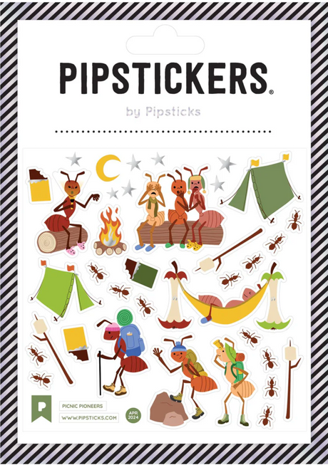 Picnic Pioneers Stickers sheet featuring camping ants, tents, fire, and picnic elements with silver foil accents.