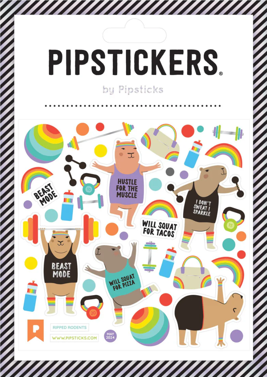 Ripped Rodents Stickers sheet with colorful cartoon rodents lifting weights and fitness-themed accessories.