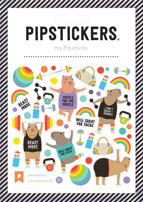 Ripped Rodents Stickers sheet with colorful cartoon rodents lifting weights and fitness-themed accessories.
