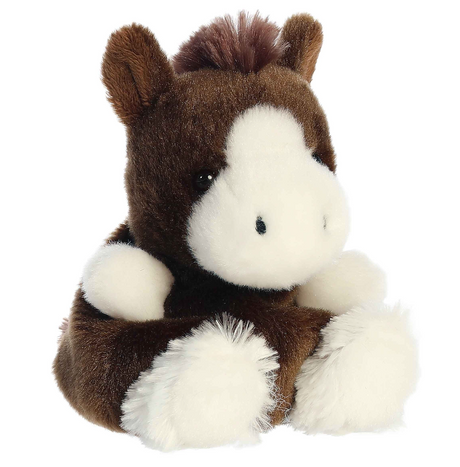 Palm Pals Clydesdale Darius plush horse with soft brown body, fluffy mane, and white hooves, sitting in a friendly pose.