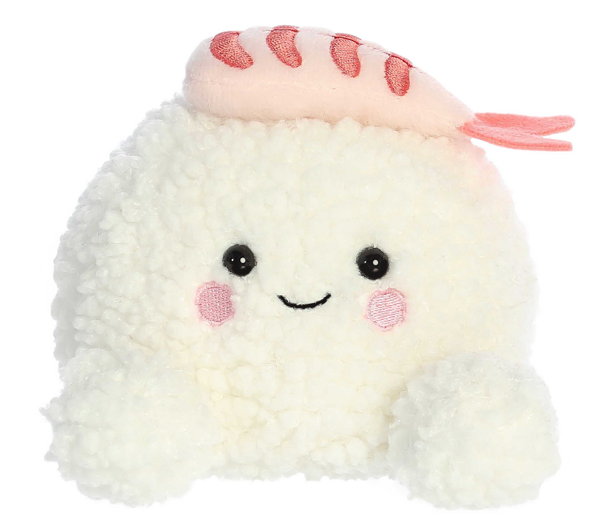 Palm Pals Shrimp Sushi Ebi plush with creamy textured body, soft pink shrimp topping, and a friendly smiling face.