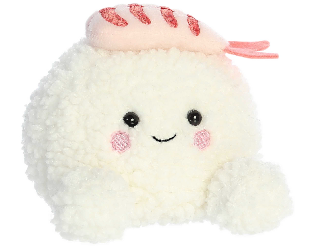 Palm Pals Shrimp Sushi Ebi plush with textured creamy body and soft pink shrimp topping, featuring friendly eyes and smile.