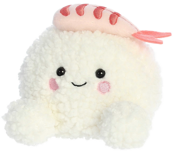 Palm Pals Shrimp Sushi Ebi plush with textured creamy body, soft pink shrimp topping, and a friendly smiling face.