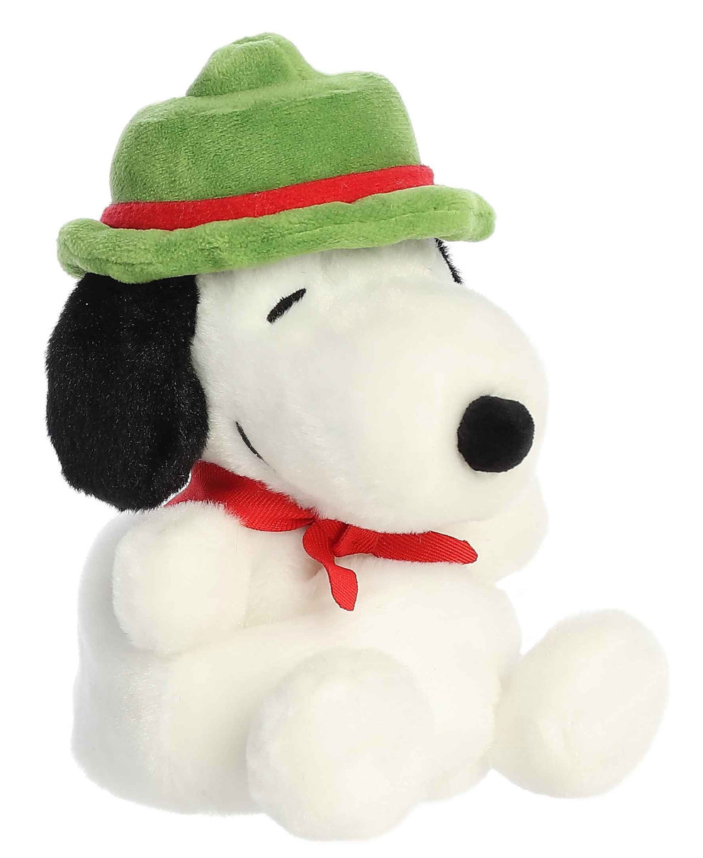 Palm Pals Snoopy Beagle Scout plush with green hat and red scarf, soft and cuddly Peanuts® collectible toy.