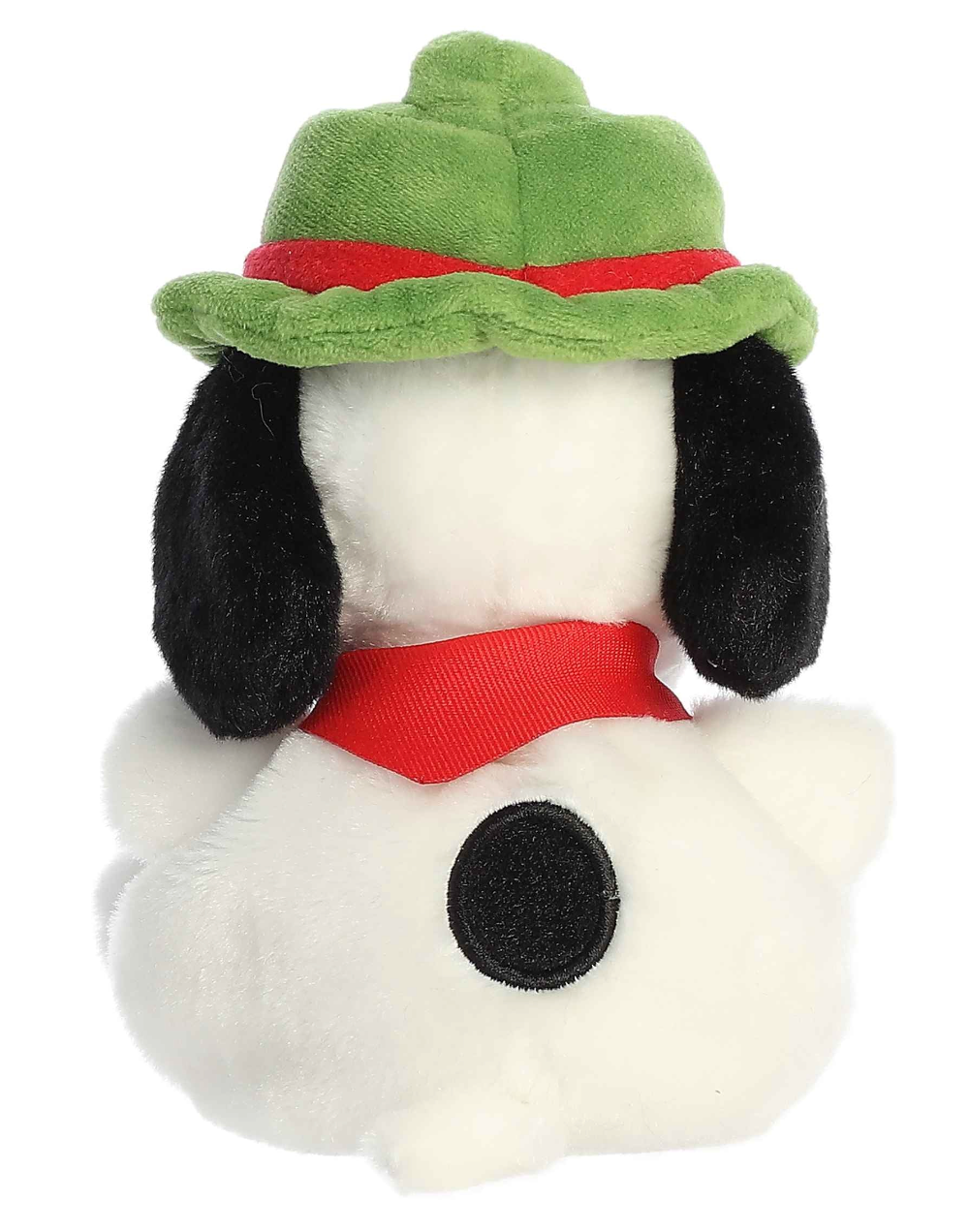 Palm Pals Snoopy Beagle Scout plush toy wearing green hat and red scarf, soft and huggable Peanuts collectible.