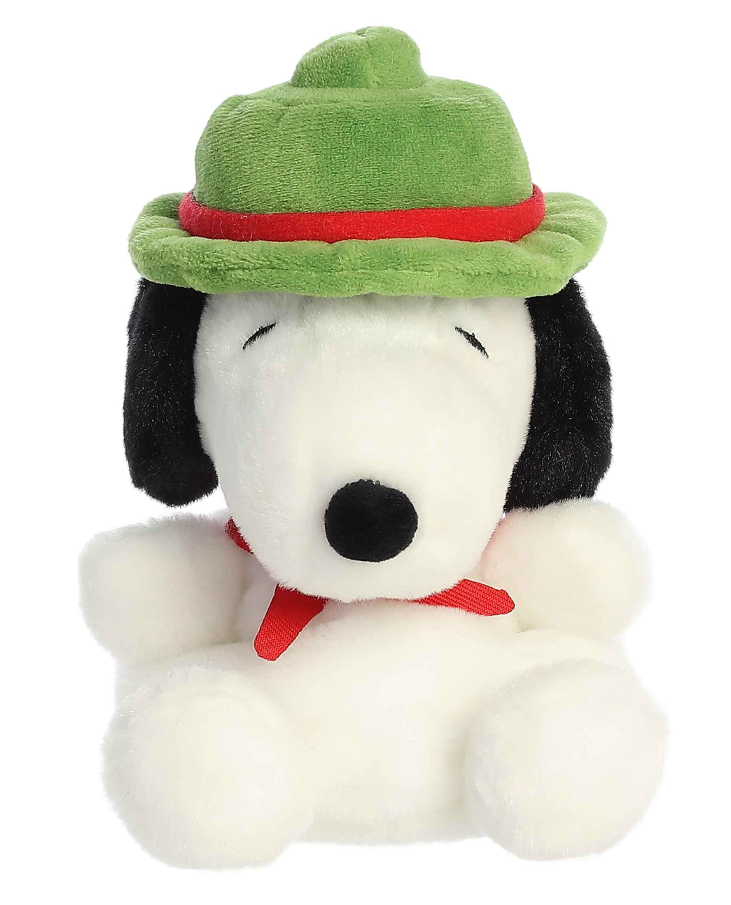 Palm Pals Snoopy Beagle Scout plush shows Snoopy in a green hat with red trim, soft and cuddly for all ages.