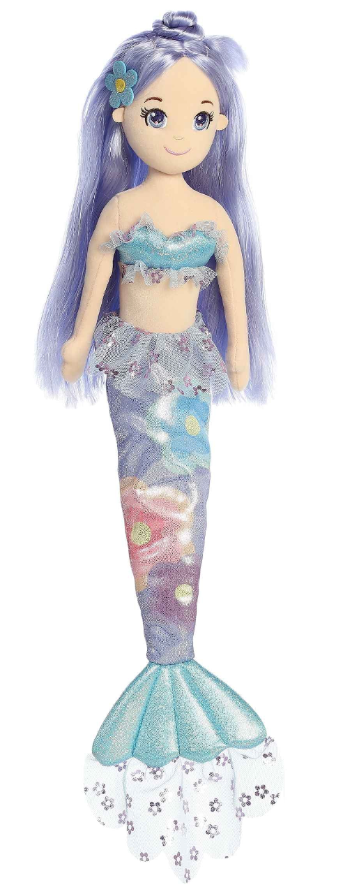 Mermaid Floral Sparkles Ivy plush with lavender hair, glittery blue top, and floral-patterned shimmering tail.