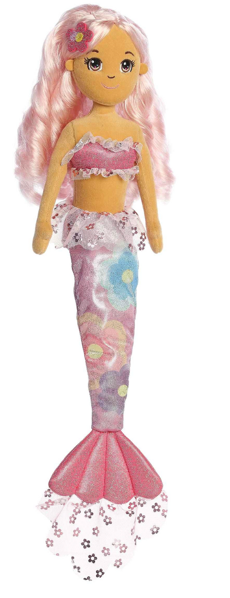 Mermaid Floral Sparkles Lily plush doll with pink floral tail, sparkly top, and long wavy pink hair.