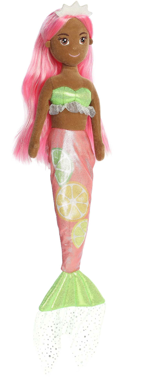 Mermaid Citrus Sparkles Olivia Orange plush doll with pink hair, orange slice tail, green top, and shimmering crown.