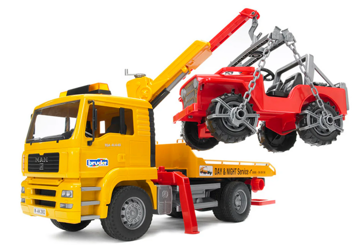 MAN TGA Tow Truck with Vehicle lifting a red off-road toy car with extendable crane and detailed features.