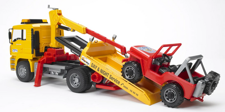 MAN TGA Tow Truck with Vehicle toy showing loading platform, lifting crane, and red off-road vehicle on a white background.