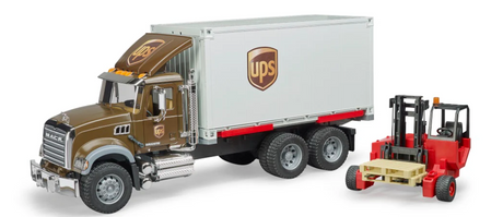 MACK Granite UPS Truck with Forklift featuring detailed cabin, opening doors, and functional forklift with pallet.