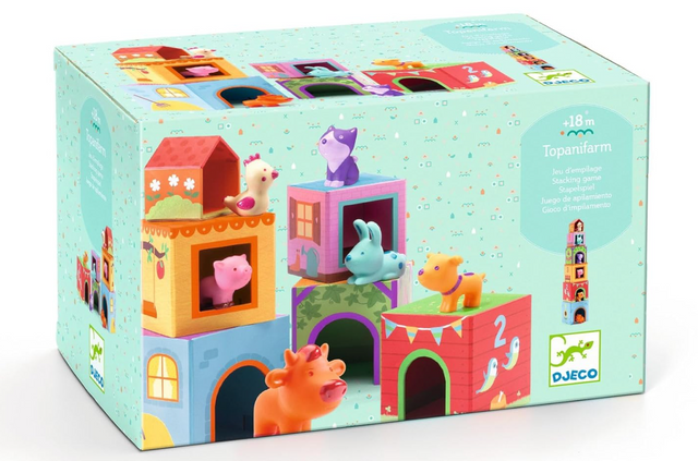 TopaniCar Nesting Blocks & Cars wooden farm blocks and vinyl animals for stacking, nesting, and imaginative play ages 18 months and up.